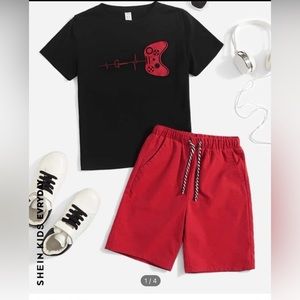 Boys Gamepad & Letter Graphic Tee & Drawstring Waist Shorts